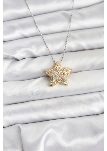 Bfs 316L Çelik Zincir Gümüş Renk Zincirli Gold Yıldız Model Kadın Kolye