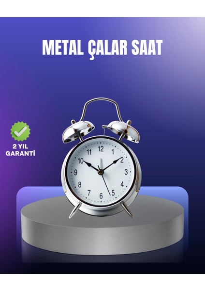 Bfs Yuvarlak Gümüş Dekoratif Işıklı Masa Üstü Saat Alarmlı Sessiz Çalışma