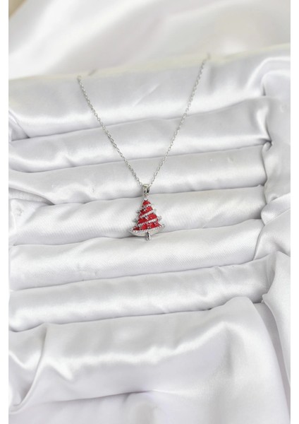 316L Çelik Zincir Gümüş Renk Kırmızı Çam Ağacı Model Yılbaşı Temalı Kadın Kolye fiyatları