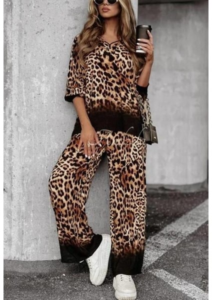 Kadın Dalgıç Kumaş Leopar Desenli Fermuar Detaylı Ikili Tamım