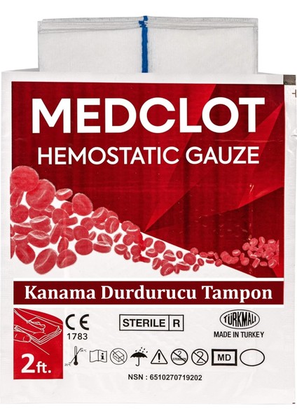 Hemostatik Steril Kanama Durdurucu Tampon Gazlı Bez Kaolin Ce Sertifikalı 7,5 x 61 cm (2 ft) Pansuman Bandaj Acil Durum Ilk Yardım Kanama Kontrolü