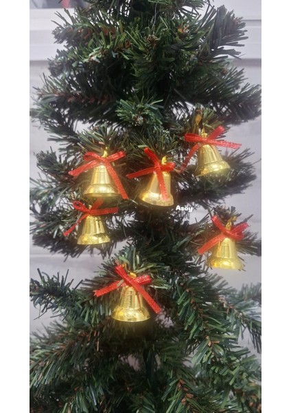 Yılbaşı Ağacı Süsü Gold Renk Çan Süs Kırmızı Fiyonklu 6 Adet Küçük Boy 3 cm