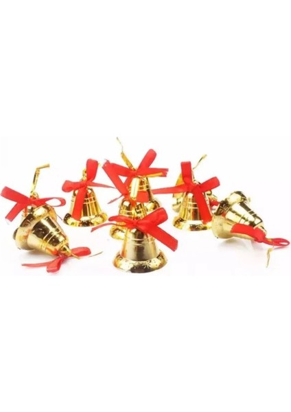 Yılbaşı Ağacı Süsü Gold Renk Çan Süs Kırmızı Fiyonklu 6 Adet Küçük Boy 3 cm fırsatları