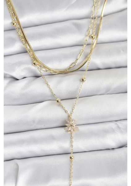 Erb Pirinç Gold Renk Kutup Yıldızı Model Detaylı 3\&apos;lü Kombin Y Kadın Kolye