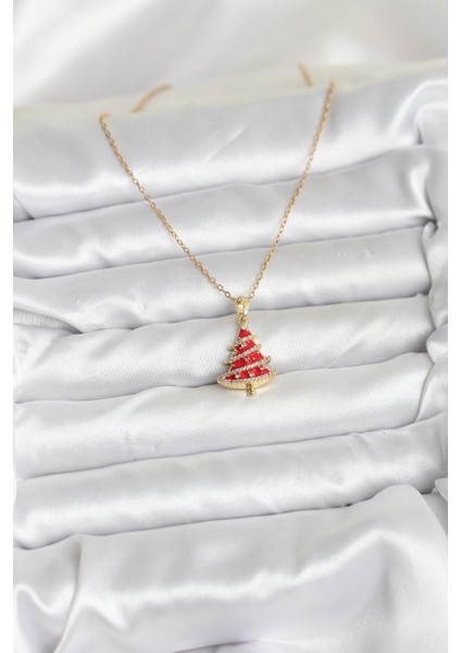 Erb 316L Çelik Zincir Gold Renk Kırmızı Çam Ağacı Model Yılbaşı Temalı Kadın Kolye fiyatları