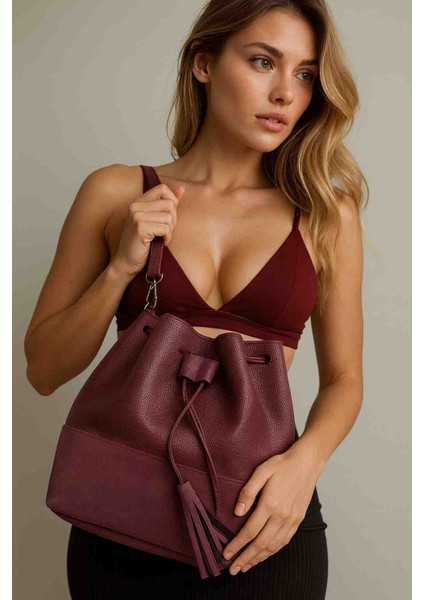 Bordo Floter Orta Boy Kadın Büzgülü Omuz ve Sırt Çantası modelleri