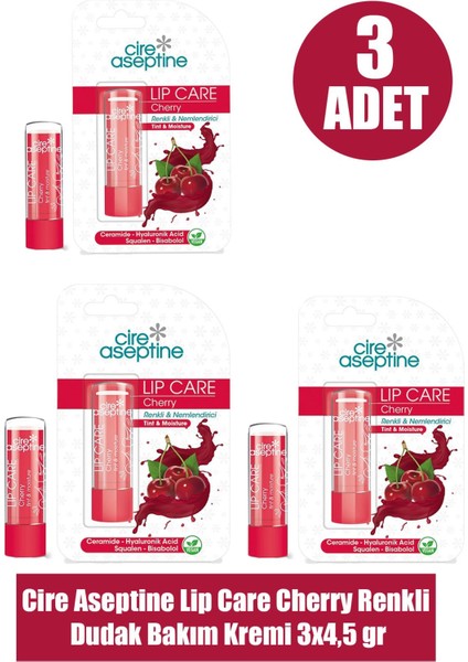Cire Aseptine Lip Care Cherry Renkli Dudak Bakım Kremi 4,5 gr 3 Adet