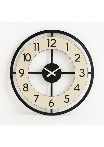 Krem Siyah Modern Duvar Saati – Halka Çerçeveli Tasarım, Sessiz Mekanizma