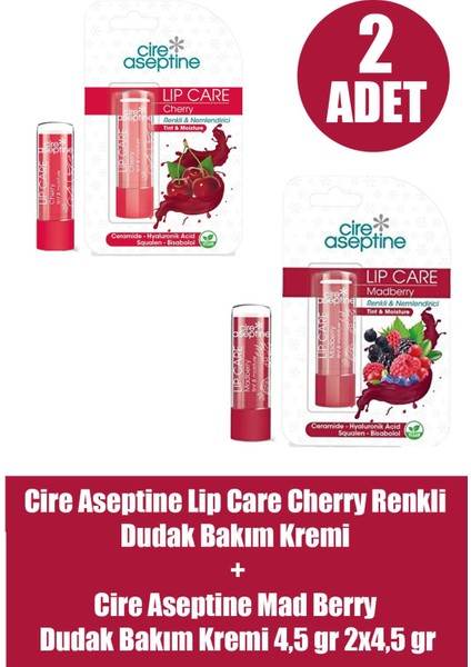 Cire Aseptine Lip Care Cherry Renkli Dudak Bakım Kremi 4,5 Gr+Cire Aseptine Mad Berry Dudak Bakım Kremi 4,5 gr