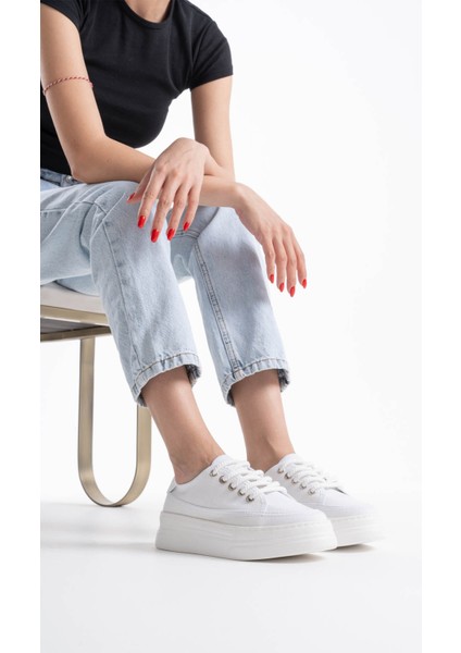 Gloex Premium Kadın Beyaz Keten Spor Ayakkabı