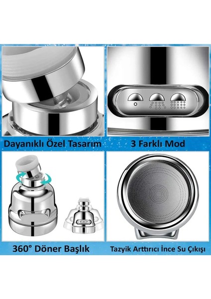 Mutfak Lavabo Başlığı 3 Fonksiyonlu Krom, Tasarruflu Hareketli Batarya Ucu Kubar, Oynar Başlıklı fırsatları