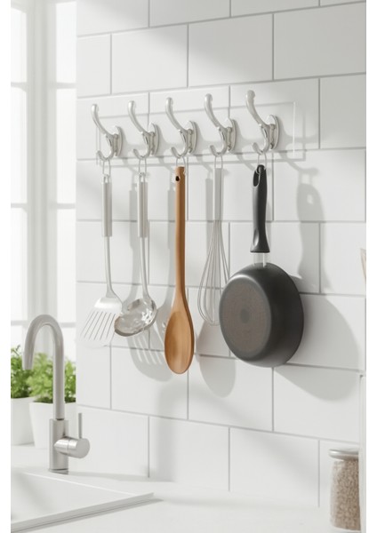 4 Adet Kendinden Yapışkanlı Güçlü Şeffaf 5'li Askılık - Kapı Arkası Mutfak Duvar Banyo