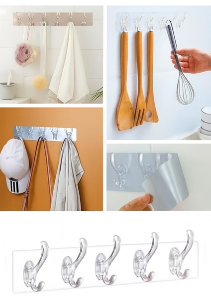 10 Adet Kendinden Yapışkanlı Güçlü Şeffaf 5'li Askılık - Kapı Arkası Mutfak Duvar Banyo