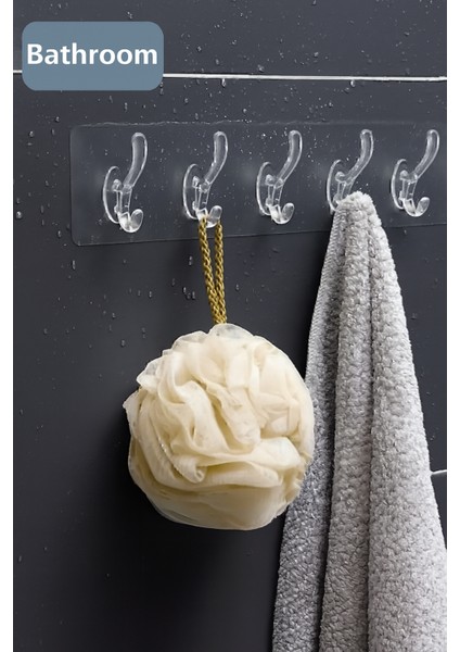 5'li Kendinden Yapışkanlı Güçlü Şeffaf Askılık - Kapı Arkası Mutfak Duvar Banyo Askı