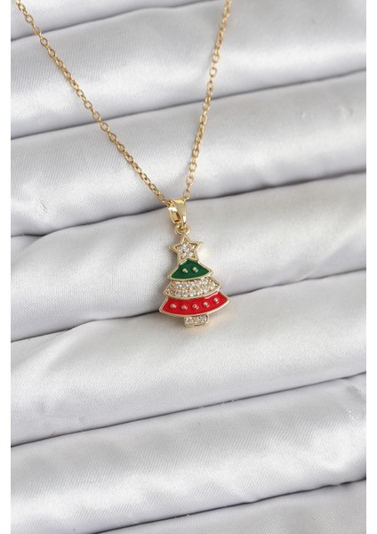 Erb 316L Çelik Zincir Gold Ren Çam Ağacı Model Zirkon Taşlı Yılbaşı Temalı Kadın Kolye