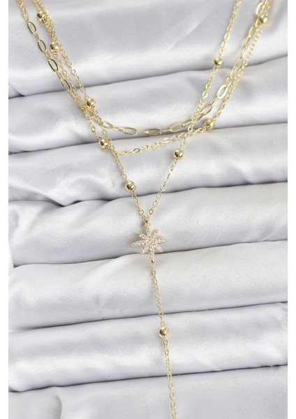 Erb Pirinç Gold Renk Kutup Yıldızı Detaylı 3\&apos;lü Kombin Kadın Kolye