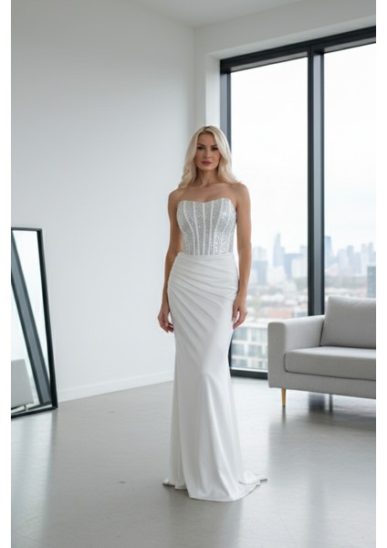 Beyaz Göğüs Pul ve Taşlı Saten Abiye 9705294.15