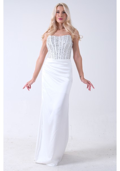 Beyaz Göğüs Pul ve Taşlı Saten Abiye 9705294.15 fiyatları