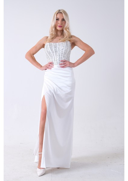 Beyaz Göğüs Pul ve Taşlı Saten Abiye 9705294.15 fırsatları