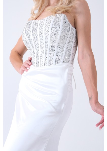 Beyaz Göğüs Pul ve Taşlı Saten Abiye 9705294.15
