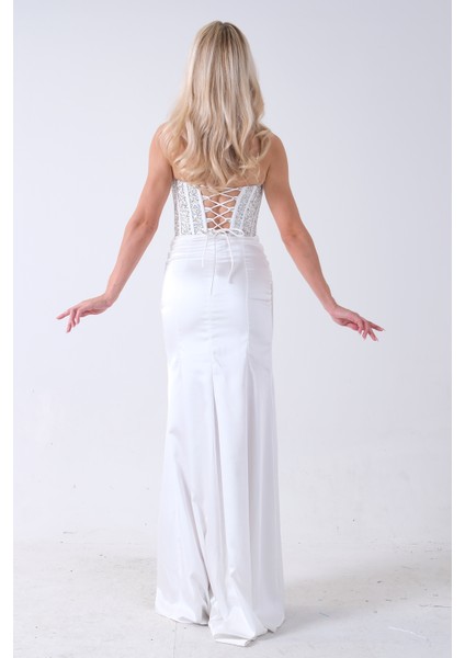 Beyaz Göğüs Pul ve Taşlı Saten Abiye 9705294.15