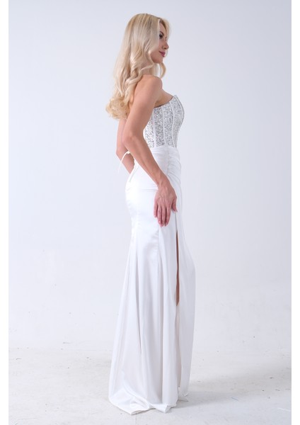 Beyaz Göğüs Pul ve Taşlı Saten Abiye 9705294.15