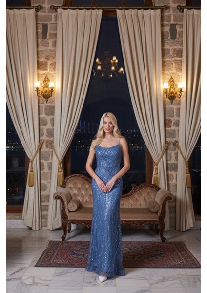 Indigo Taş Işlemeli Uzun Balık Abiye 0801056.98