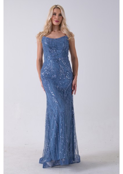 Indigo Taş Işlemeli Uzun Balık Abiye 0801056.98 fiyatları