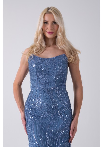 Indigo Taş Işlemeli Uzun Balık Abiye 0801056.98