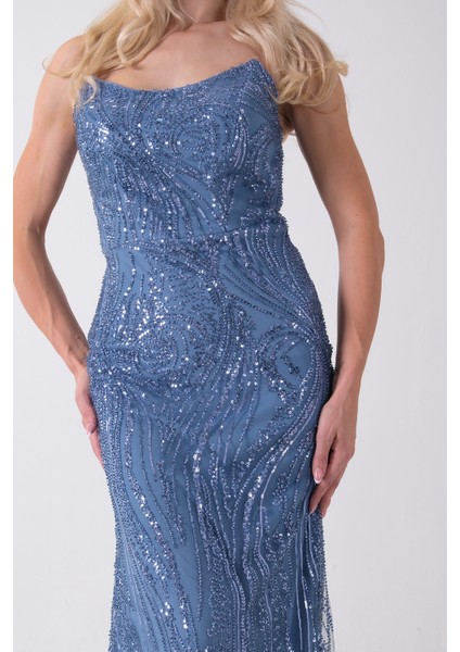 Indigo Taş Işlemeli Uzun Balık Abiye 0801056.98