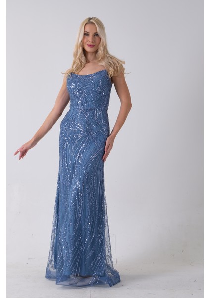 Indigo Taş Işlemeli Uzun Balık Abiye 0801056.98