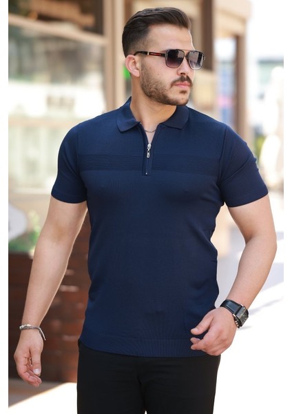 Erkek Göğüs Pirinç Desenli Fermuar Yakalı Kısa Kollu Tişört