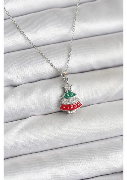Bfs 316L Çelik Zincir Gümüş Ren Çam Ağacı Model Zirkon Taşlı Yılbaşı Temalı Kadın Koly