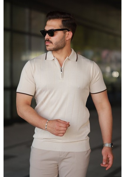 Erkek Fermuar Yakalı Çizgi Dokulu Kısa Kollu Tişört