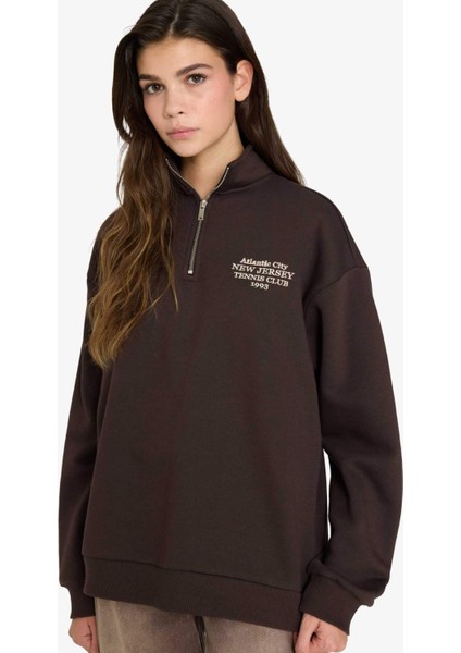 Oversize Geniş Kalıp Yarım Fermuarlı Baskılı Sweatshirt G3716AX25WN