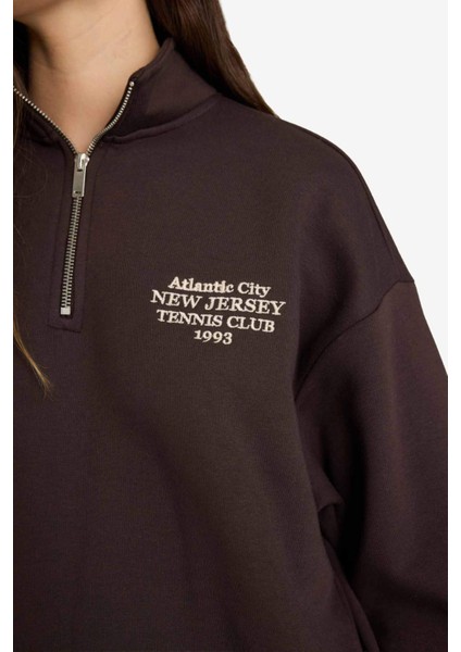 Oversize Geniş Kalıp Yarım Fermuarlı Baskılı Sweatshirt G3716AX25WN fırsatları