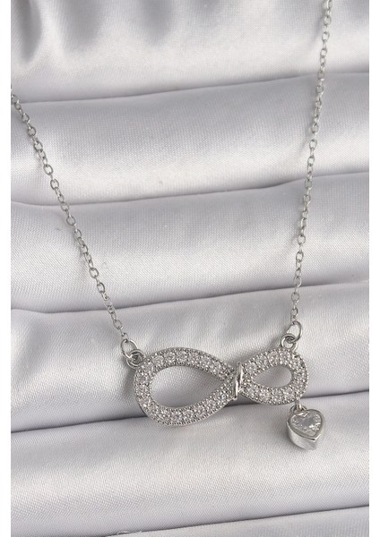 Bfs 316L Çelik Gümüş Renk Zincir Zirkon Taşlı Sonsuzluk Model Taşlı Kalp Detay Kadın Kolye