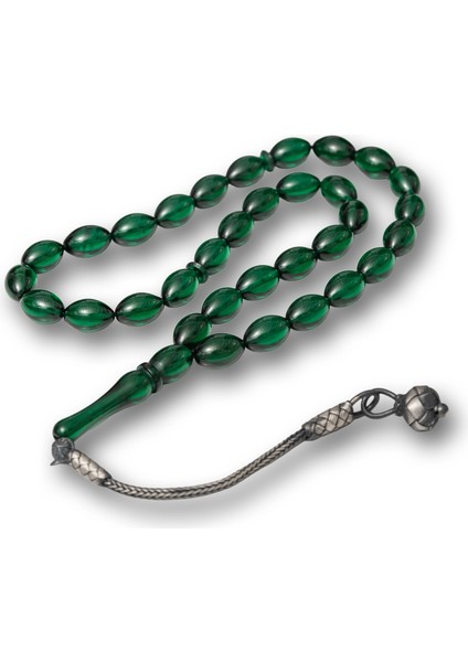 Gümüş Yeşil Kazaz Püsküllü Sıkma Kehribar Tesbih