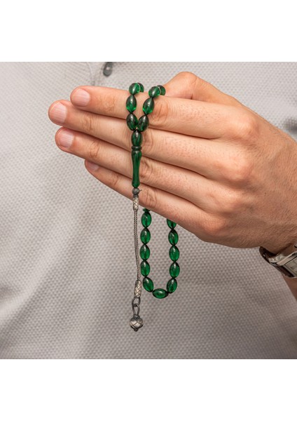 Gümüş Yeşil Kazaz Püsküllü Sıkma Kehribar Tesbih fiyatları