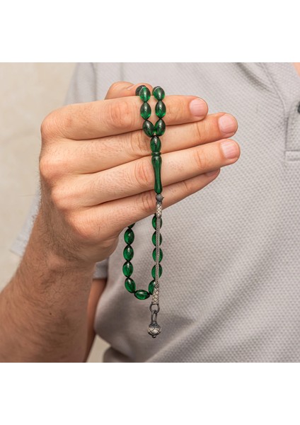 Gümüş Yeşil Kazaz Püsküllü Sıkma Kehribar Tesbih modelleri