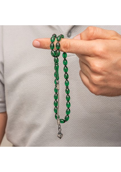 Gümüş Yeşil Kazaz Püsküllü Sıkma Kehribar Tesbih fırsatları