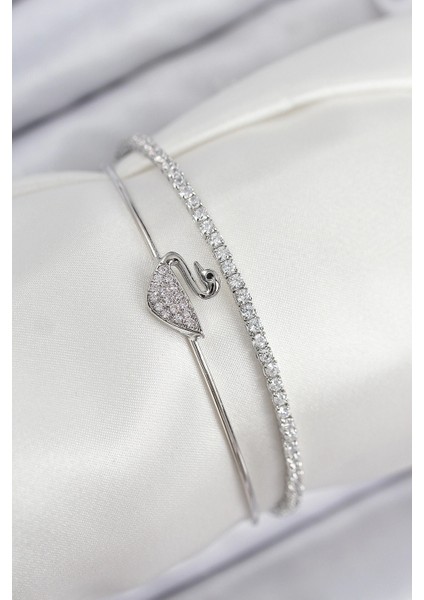 Bfs Pirinç Zirkon Taşlı Kuğu Model Gümüş Renk Kadın Bileklik