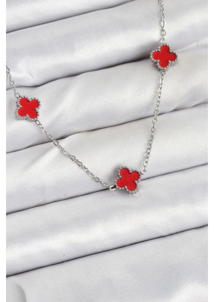 Bfs 316L Çelik Zincir Gümüş Renk Kırmızı Baby Boy Yonca Kadın Kolye