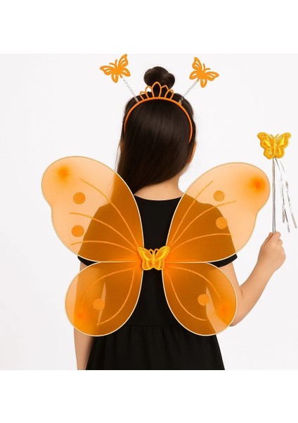 Bfs Turuncu Kelebek Kız Seti – 50 cm Kelebek Kanadı, Taç ve Asa