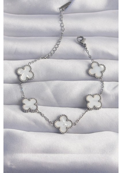 Bfs 316L Çelik Gümüş Renk Beyaz Sedefli Yonca Bileklik