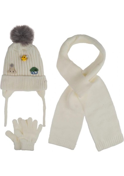 Bebe Kız Atkı Bere Eldiven Takım (1-4 Yaş) K24160-03 Krem