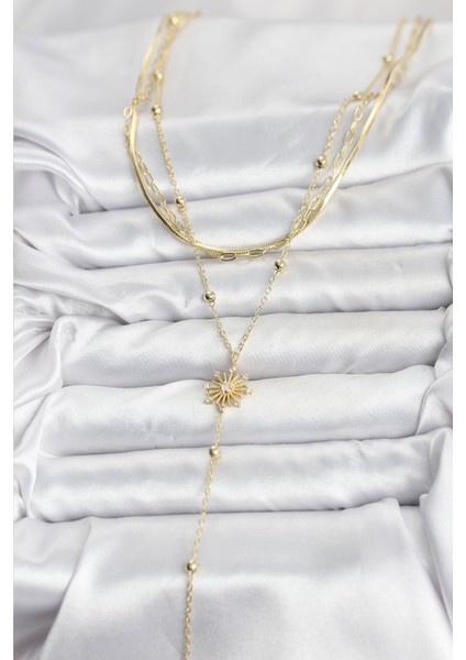 Pirinç Gold Renk Zirkon Taşlı Model Detaylı 3'lü Kombin Y Kadın Kolye - Lisinya fiyatları