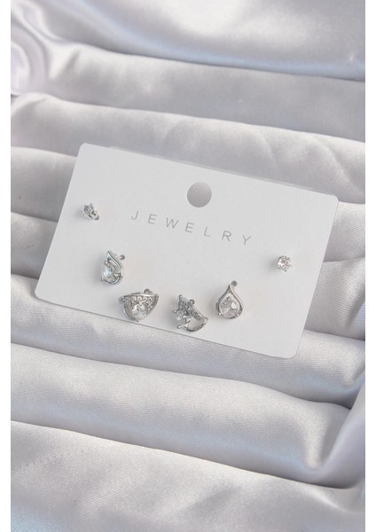 Bfs Pirinç Gümüş Renk Zirkon Taşlı Damla Model Küpe Seti