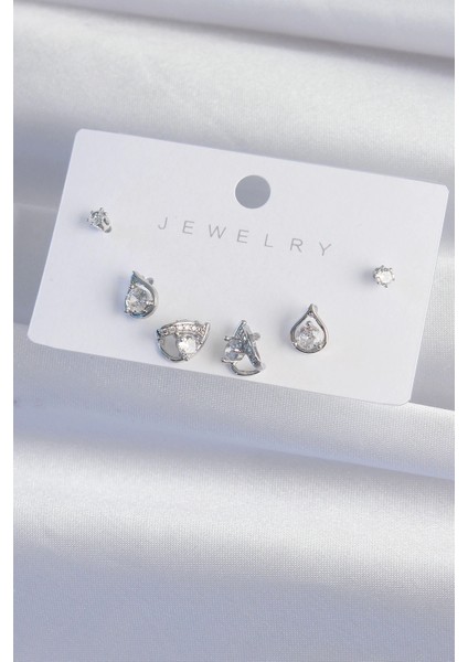 Bfs Pirinç Gümüş Renk Zirkon Taşlı Damla Model Küpe Seti fiyatları