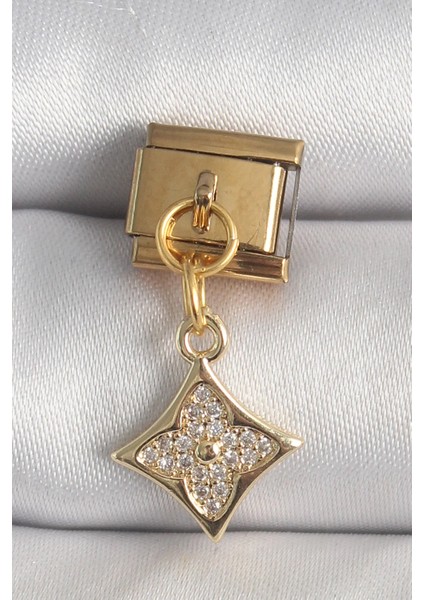 Bfs 316L Çelik Gold Renk Sallantı Zirkon Taşlı Çiçek Işlemeli Nomination Charm